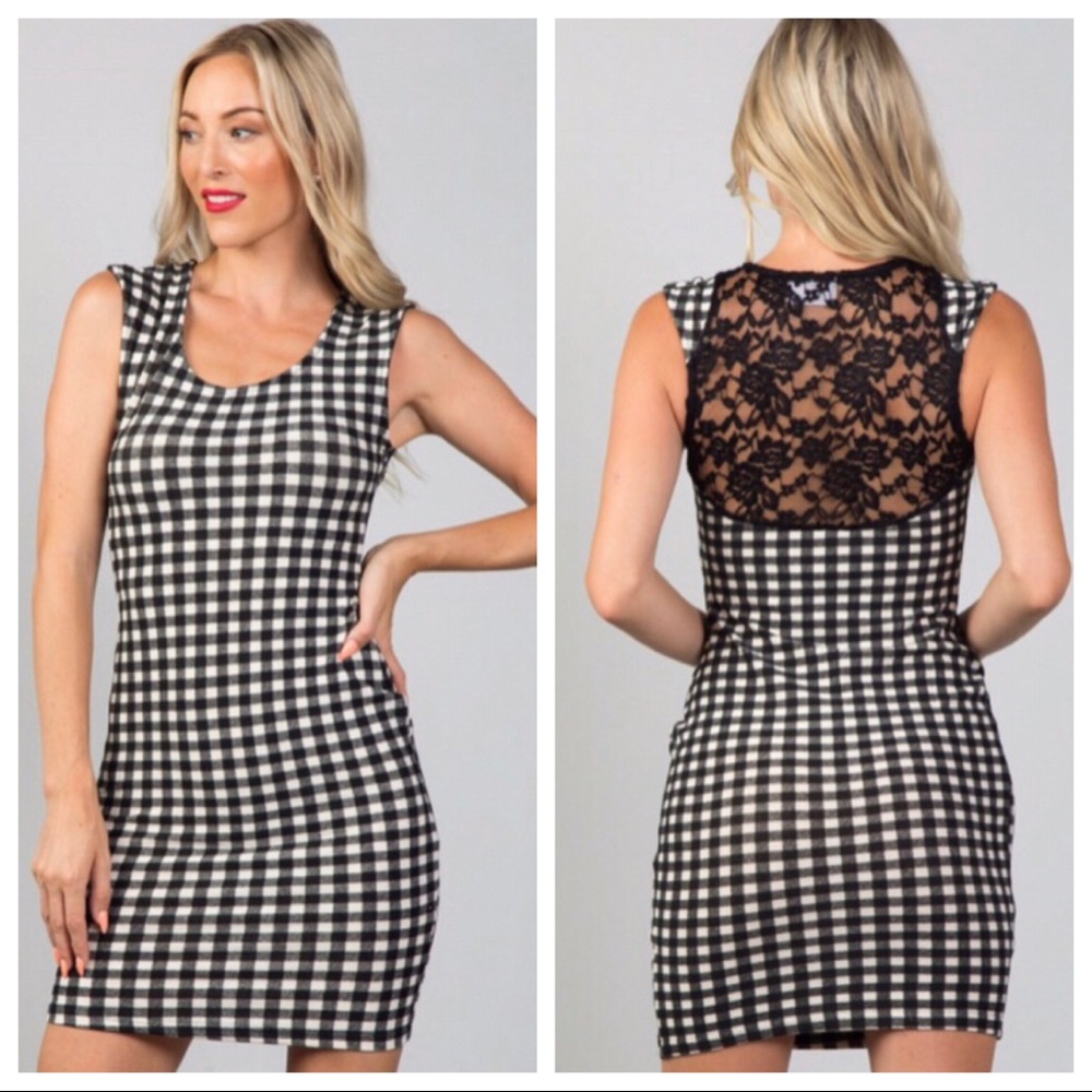 NWT Gingham Black and White Lace Back Dress